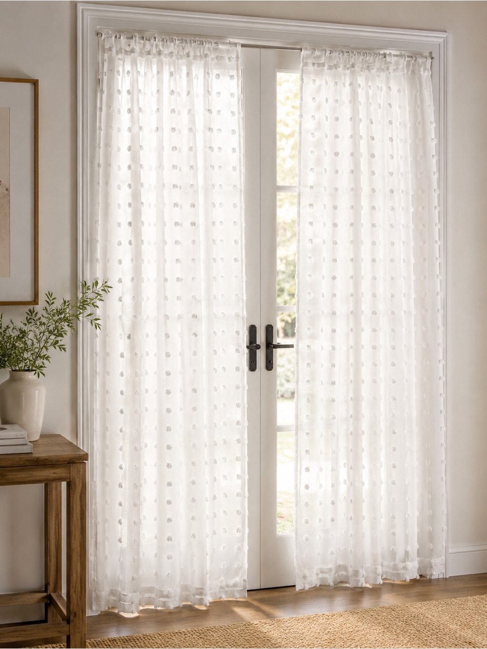 Set of 2 Sheer Dot-Embroidered Panel Curtains - White